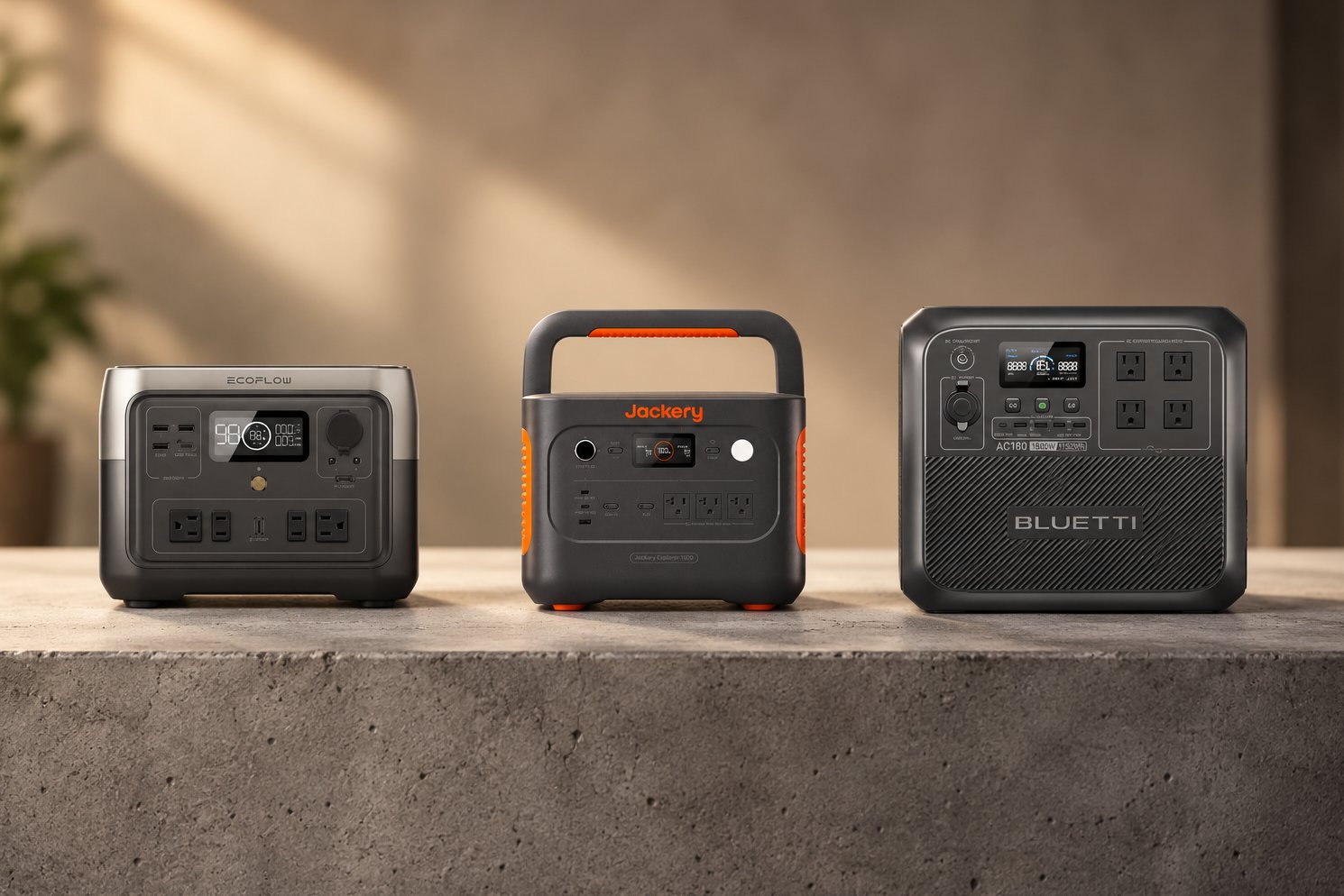 EcoFlow, Jackery and Bluetti portable power stations lined up side by side on a concrete ledge