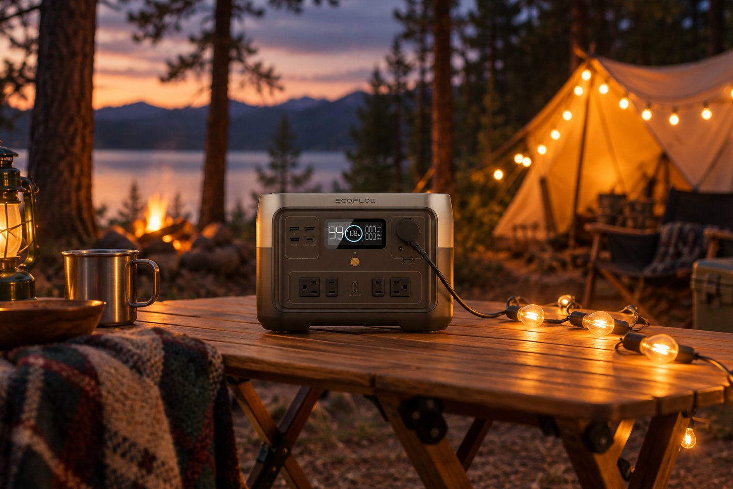 EcoFlow River 2 Max power station on a camp table at a forest campsite at dusk, string lights and a tent in the background