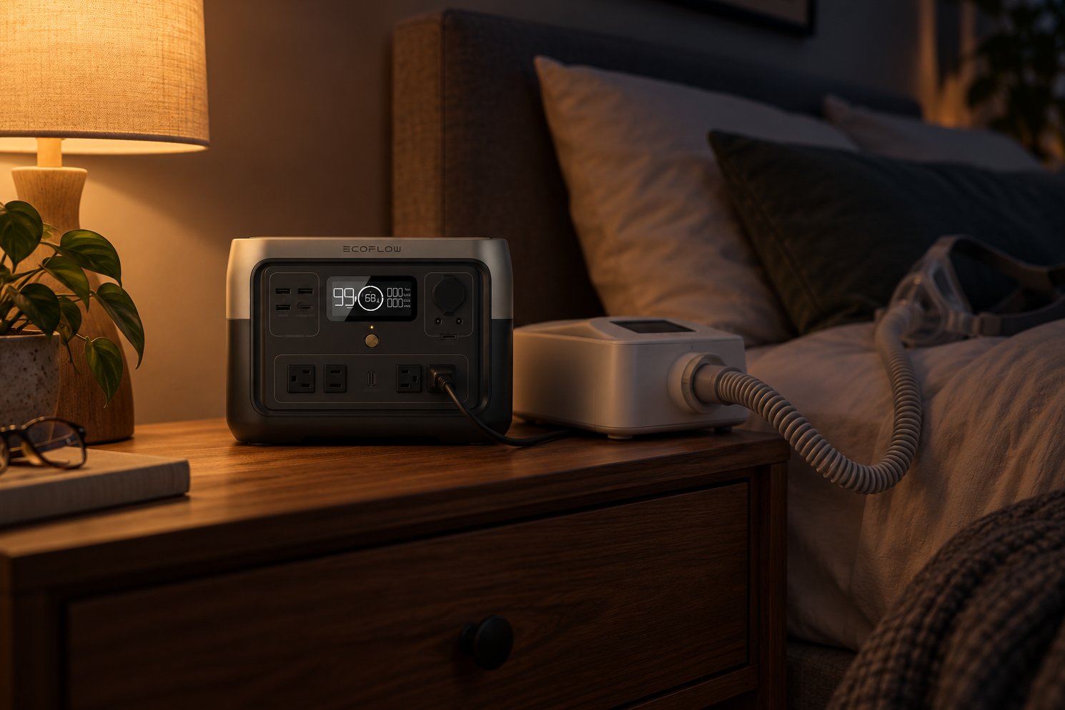 EcoFlow River 2 Max power station on a nightstand powering a CPAP machine in a dark bedroom