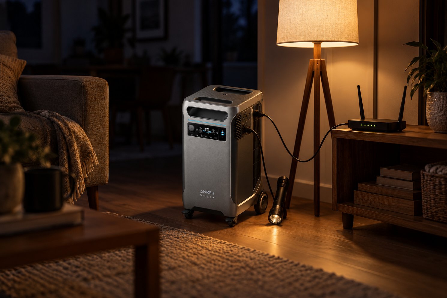 Anker Solix F3800 power station powering a floor lamp and router in a living room during a power outage