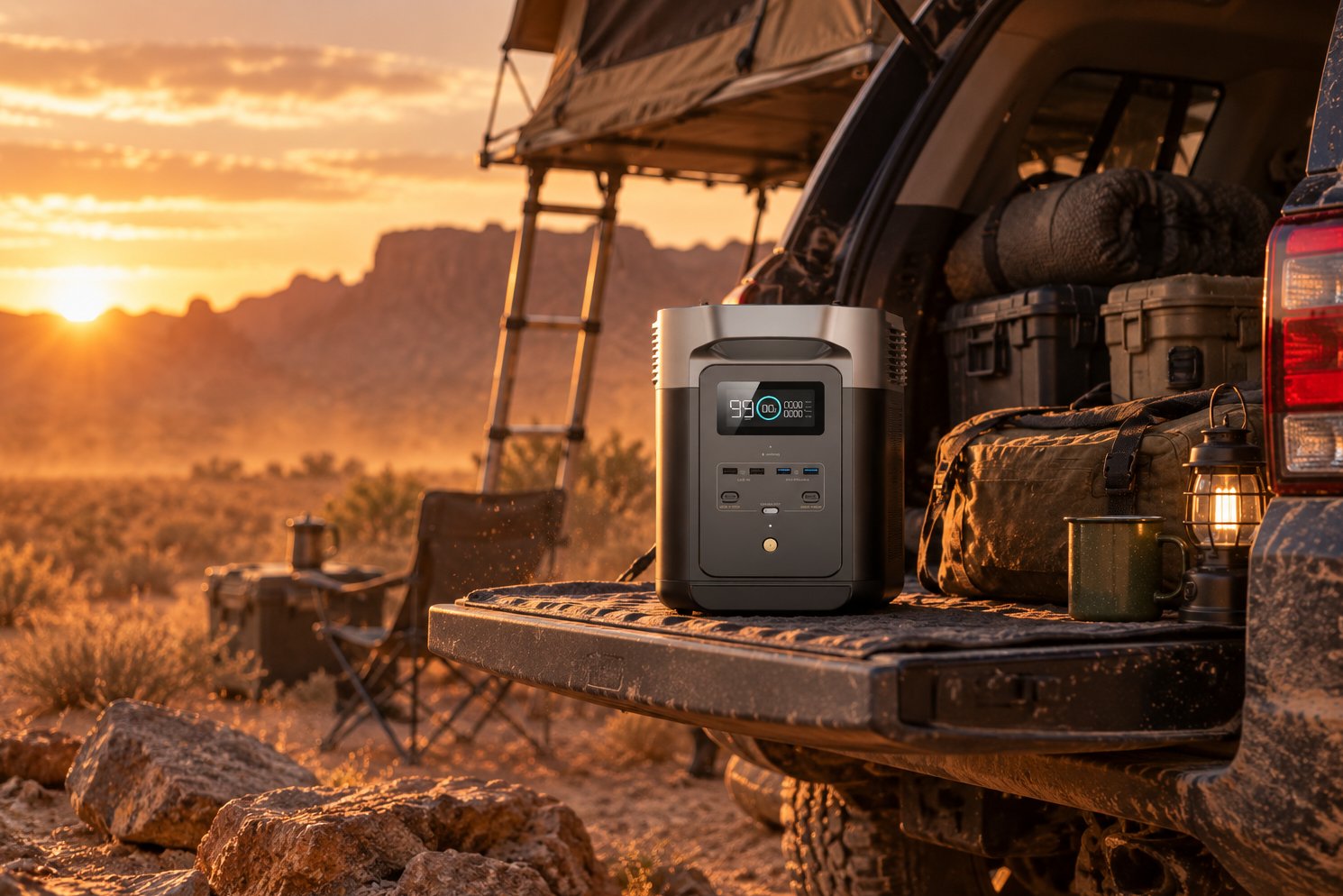 EcoFlow Delta 2 power station at the tailgate of an overland 4x4 vehicle in the desert at dusk