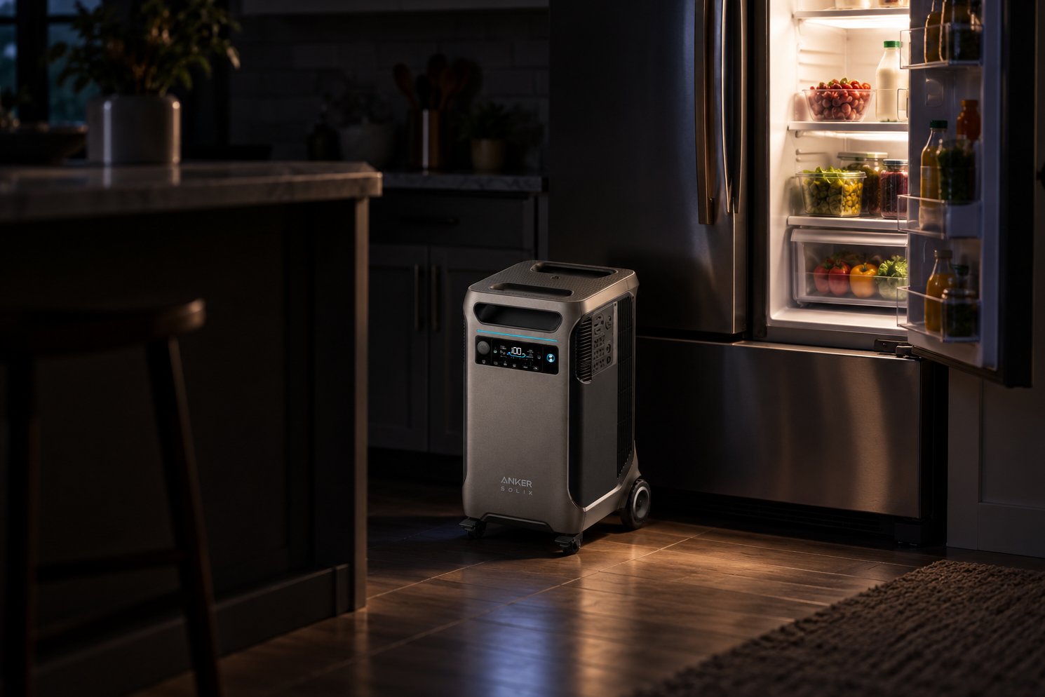 Anker Solix F3800 power station next to an open refrigerator during a nighttime power outage