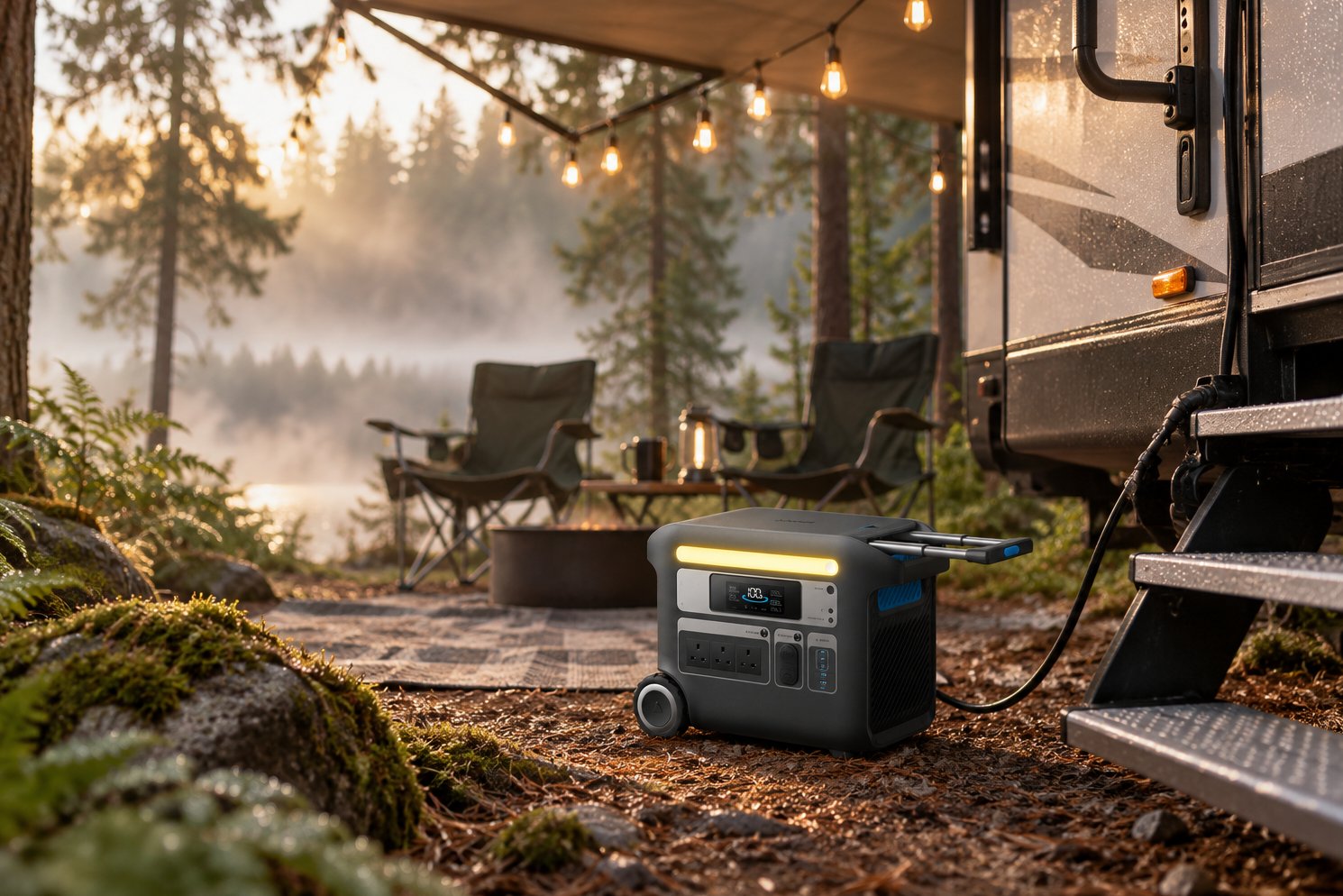 Anker Solix C2000 Gen 2 power station beside a travel trailer at a forest campground in the morning
