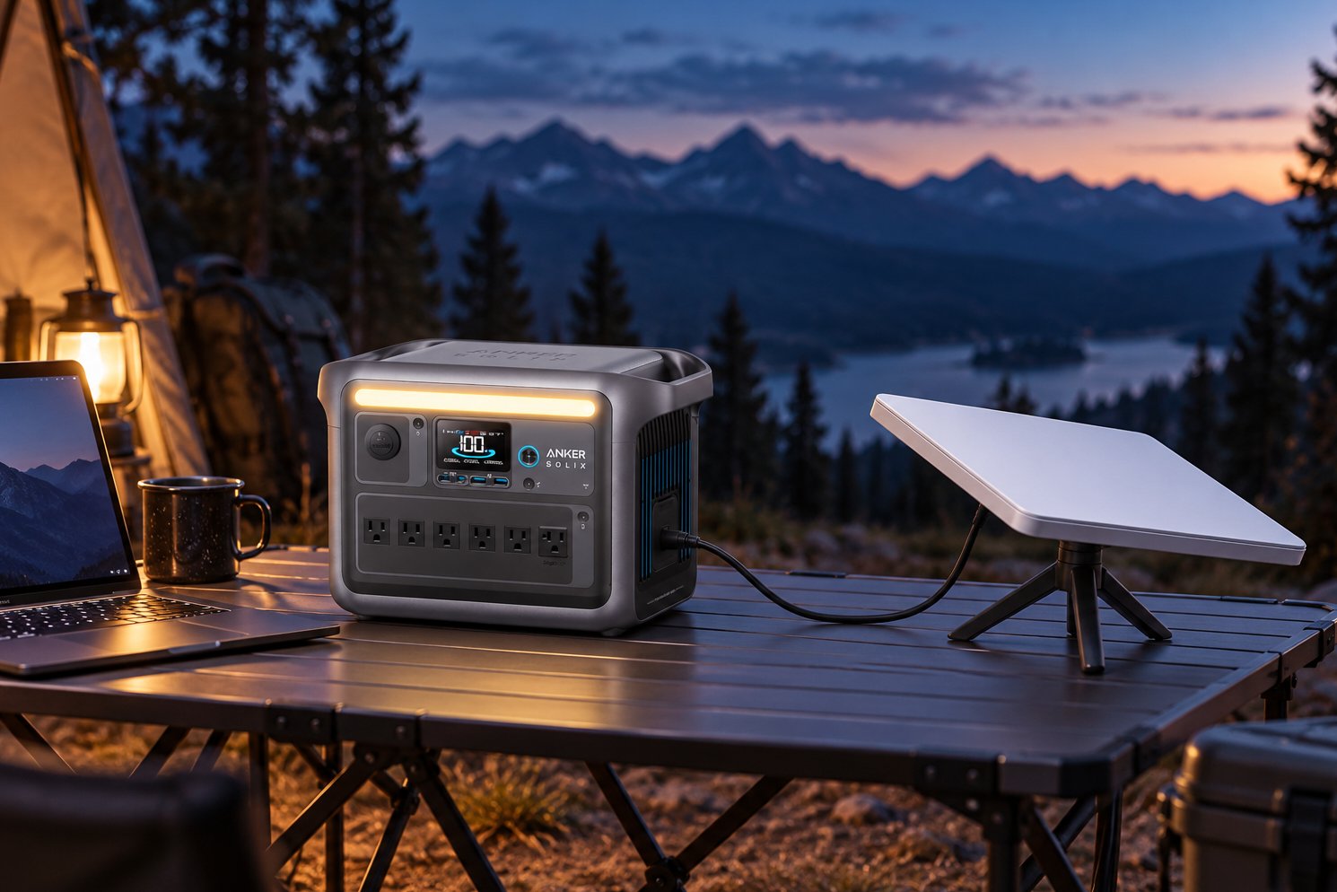 Anker Solix C1000 power station powering a Starlink Mini dish on a tripod at a mountain campsite