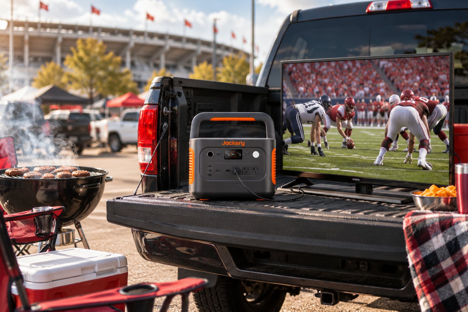 Jackery Explorer 1000 v2 power station on a pickup truck tailgate powering a TV playing a football game, with a grill and cooler beside it